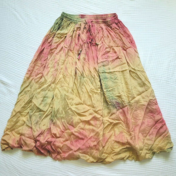 Vintage Y2K JFW Womens Small Boho Glowy Midi Skirt Tie Dye Red Yellow Elastic - Picture 1 of 5